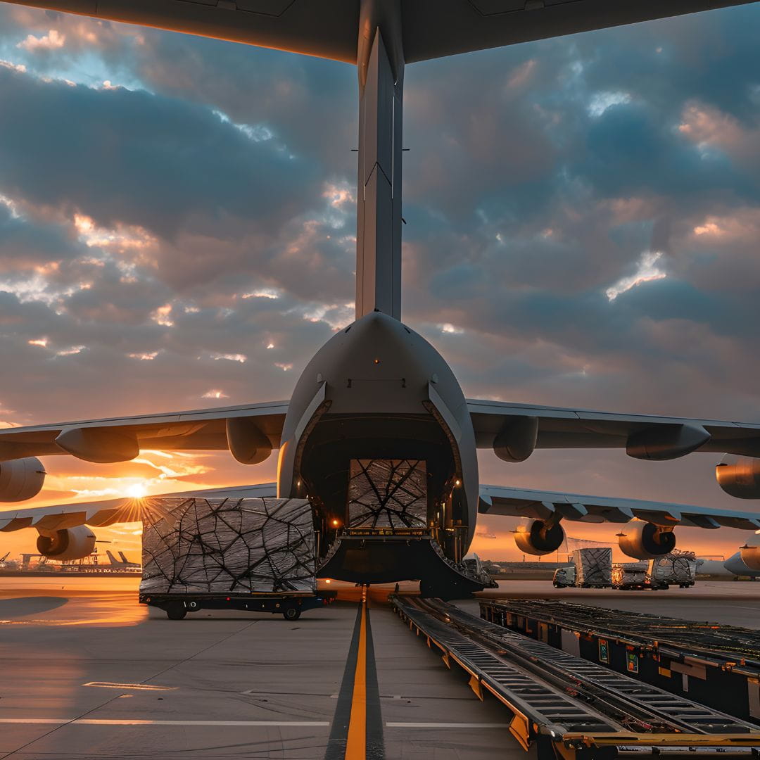 Commercial cargo aircraft on the tarmac with palletized goods ready for loading on a standard charter freight flight.
